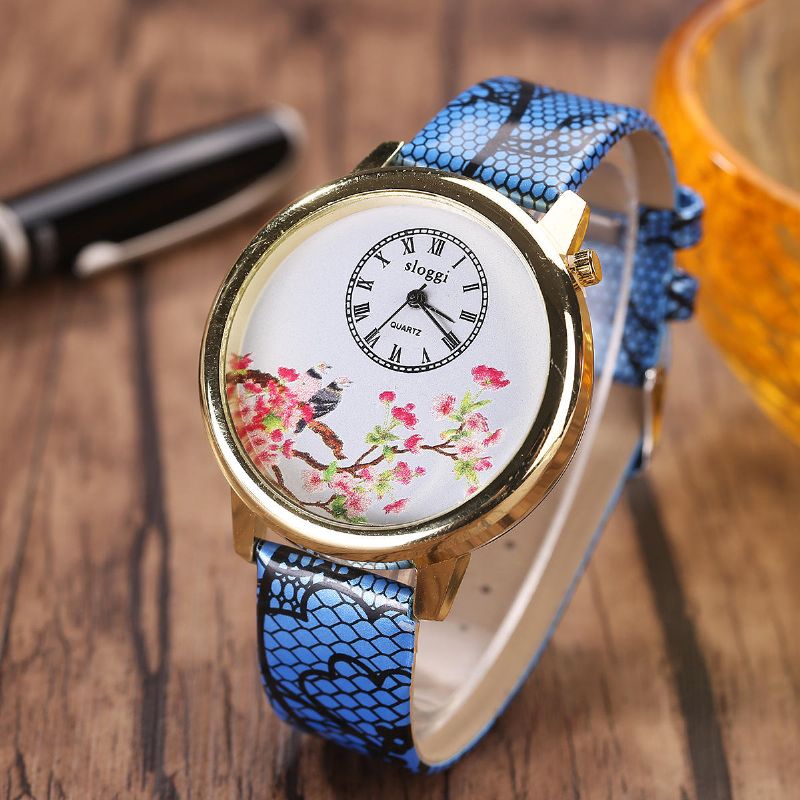 Reloj De Cuarzo Con Flores Y Pájaros Relojes De Pulsera Para Mujer Con Correa De Cuero De Estilo Casual