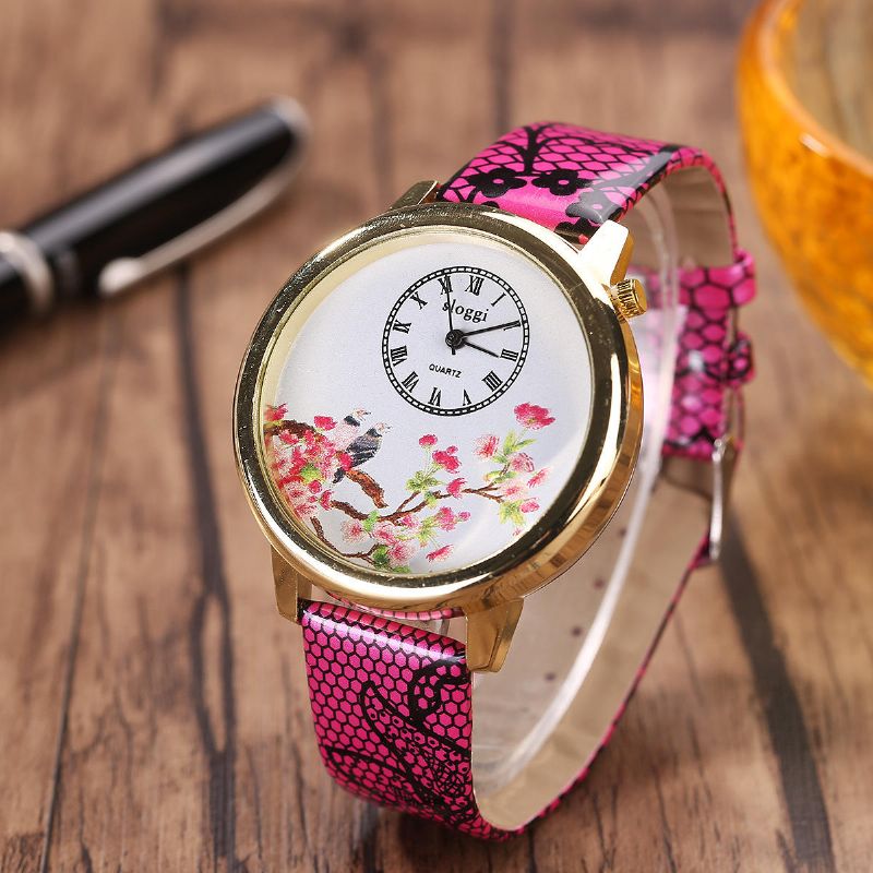 Reloj De Cuarzo Con Flores Y Pájaros Relojes De Pulsera Para Mujer Con Correa De Cuero De Estilo Casual