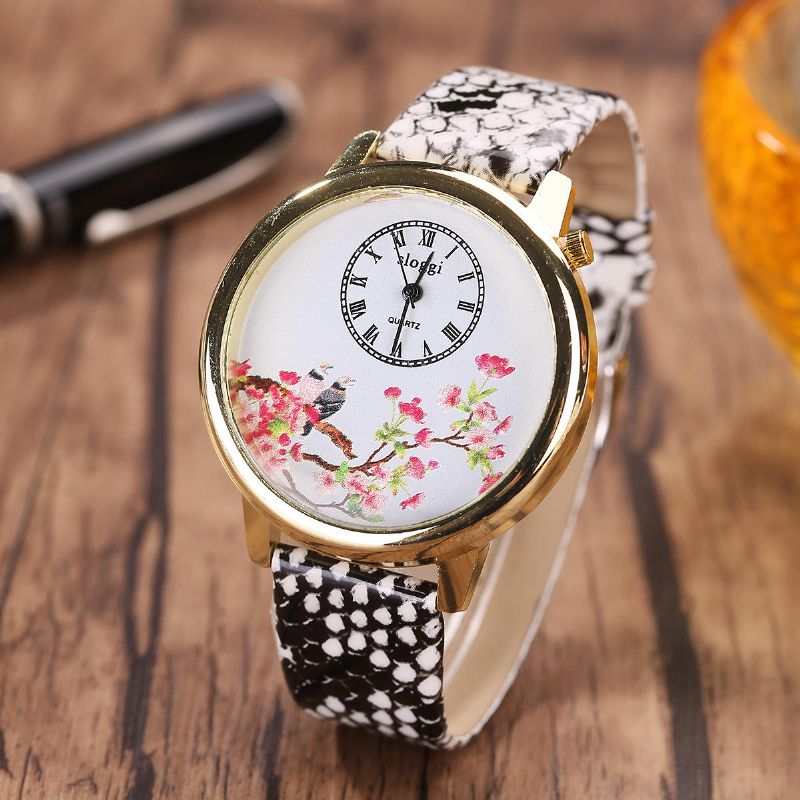 Reloj De Cuarzo Con Flores Y Pájaros Relojes De Pulsera Para Mujer Con Correa De Cuero De Estilo Casual