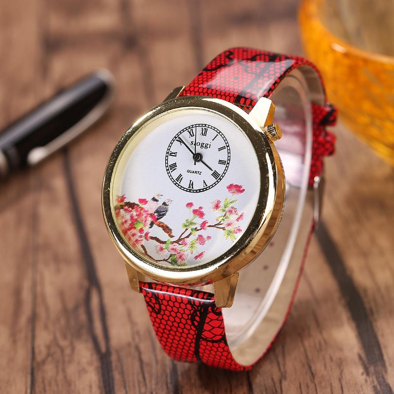 Reloj De Cuarzo Con Flores Y Pájaros Relojes De Pulsera Para Mujer Con Correa De Cuero De Estilo Casual