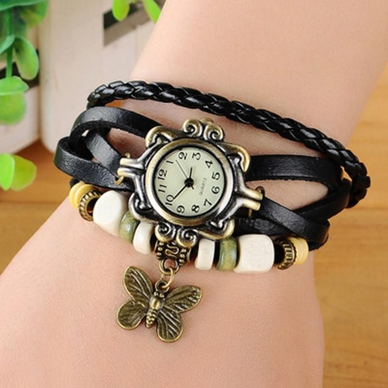 Reloj De Cuarzo Con Pulsera De Cuero De Imitación De Mariposa Multicapa Vintage Casual Para Mujer