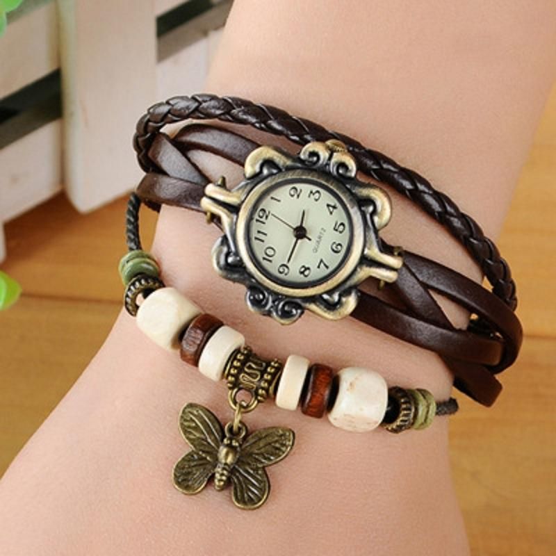 Reloj De Cuarzo Con Pulsera De Cuero De Imitación De Mariposa Multicapa Vintage Casual Para Mujer