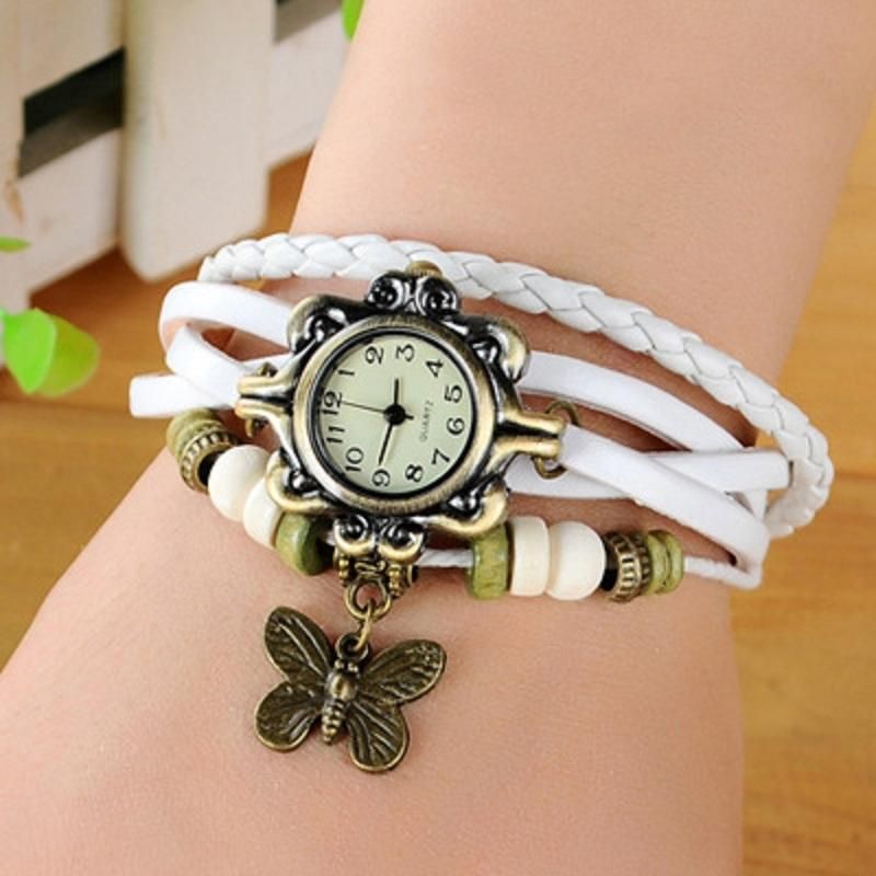 Reloj De Cuarzo Con Pulsera De Cuero De Imitación De Mariposa Multicapa Vintage Casual Para Mujer