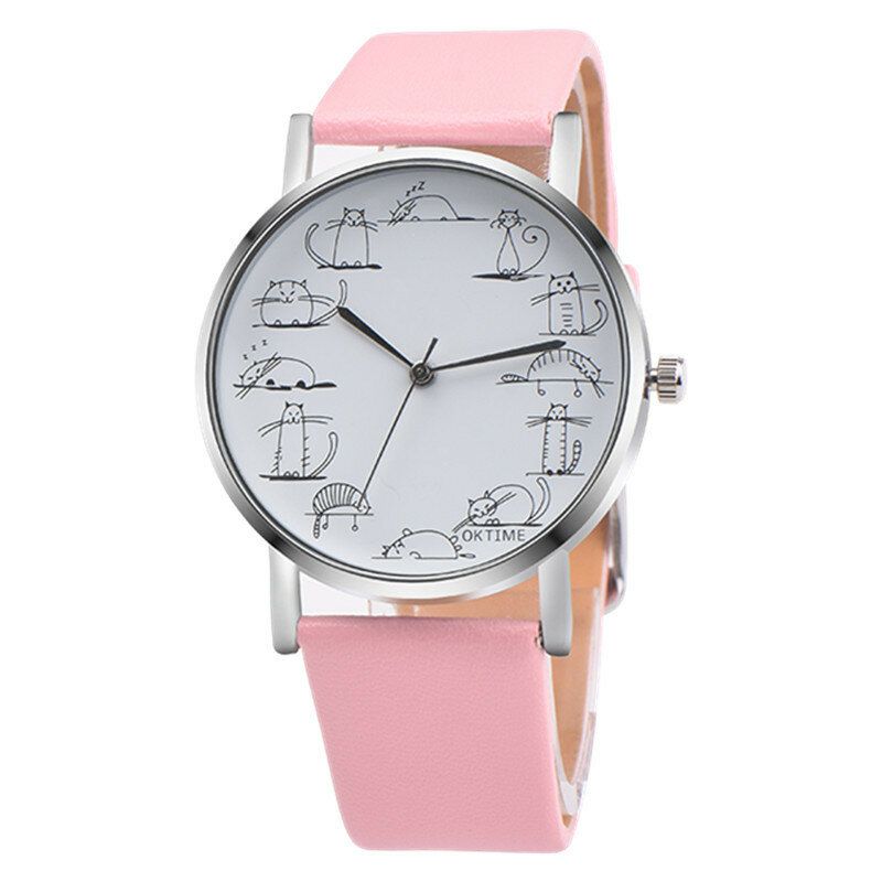 Reloj De Cuarzo De Cuero De Moda Con Patrón De Gato Lindo Para Mujer