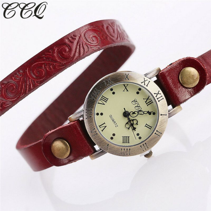 Reloj De Cuarzo De Estilo Retro Vintage Para Mujer Reloj De Pulsera Circular De Cuero Con Números Romanos De Piel De Vaca