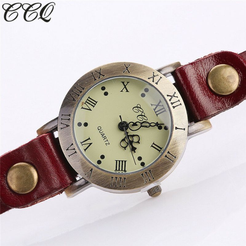 Reloj De Cuarzo De Estilo Retro Vintage Para Mujer Reloj De Pulsera Circular De Cuero Con Números Romanos De Piel De Vaca