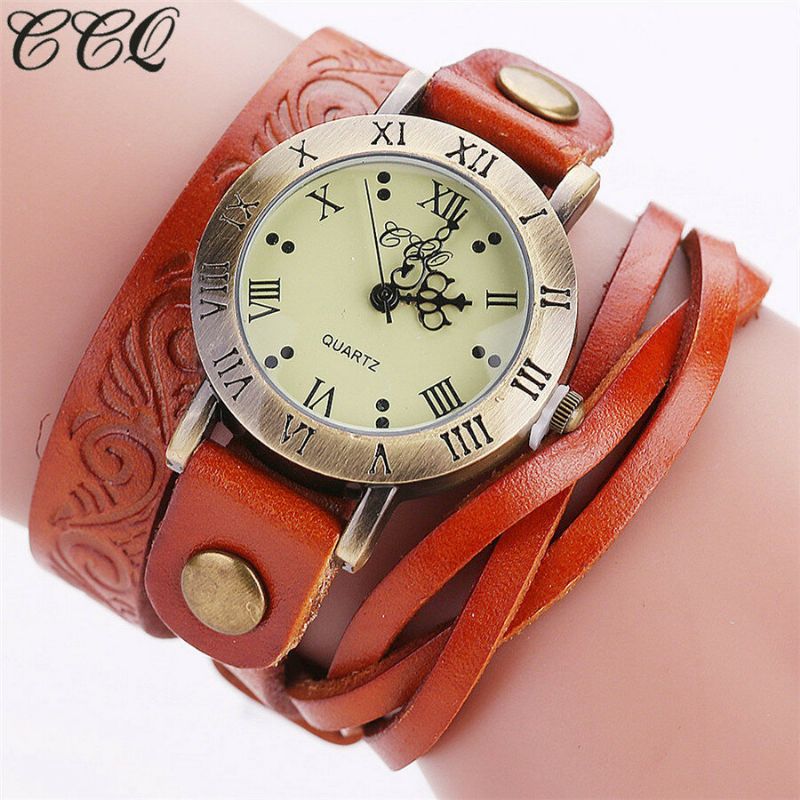 Reloj De Cuarzo De Estilo Retro Vintage Para Mujer Reloj De Pulsera Circular De Cuero Con Números Romanos De Piel De Vaca