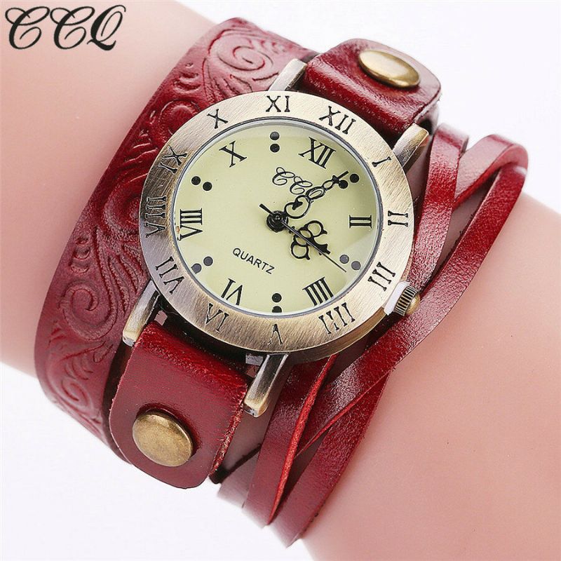 Reloj De Cuarzo De Estilo Retro Vintage Para Mujer Reloj De Pulsera Circular De Cuero Con Números Romanos De Piel De Vaca