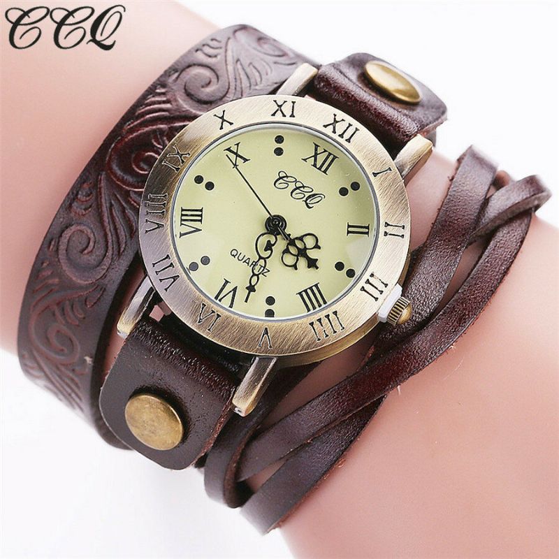 Reloj De Cuarzo De Estilo Retro Vintage Para Mujer Reloj De Pulsera Circular De Cuero Con Números Romanos De Piel De Vaca