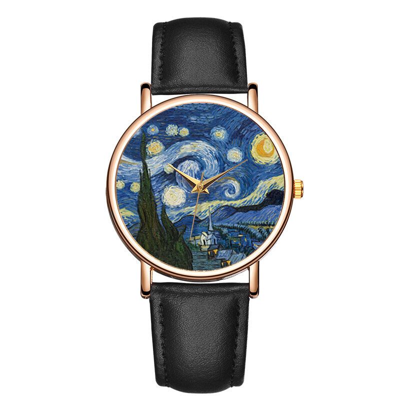 Reloj De Cuarzo Para Hombre Con Correa De Cuero Pu Dial De Pintura De Arte Impresionista Informal