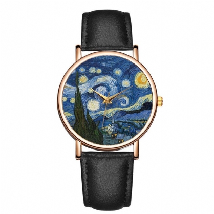 Reloj De Cuarzo Para Hombre Con Correa De Cuero Pu Dial De Pintura De Arte Impresionista Informal