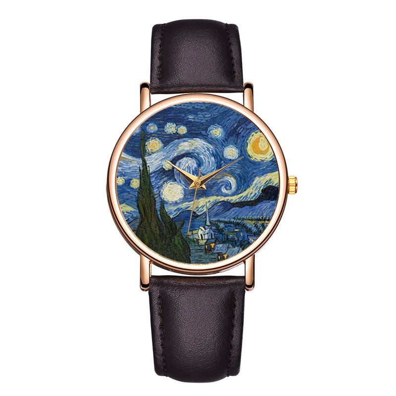 Reloj De Cuarzo Para Hombre Con Correa De Cuero Pu Dial De Pintura De Arte Impresionista Informal