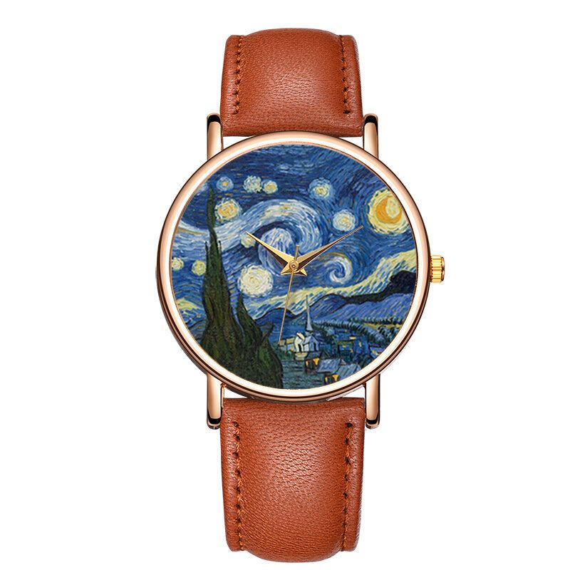 Reloj De Cuarzo Para Hombre Con Correa De Cuero Pu Dial De Pintura De Arte Impresionista Informal