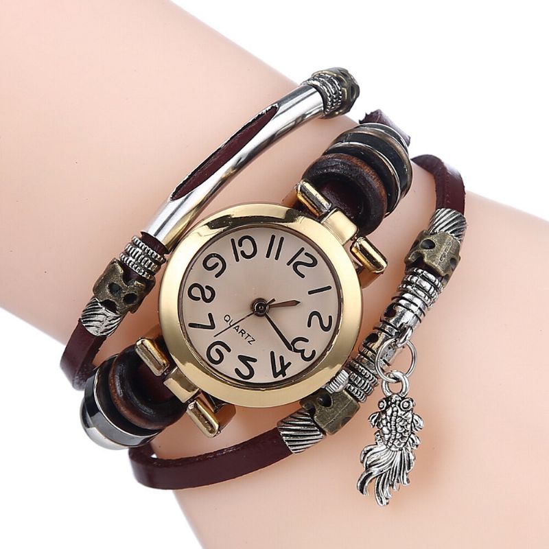 Reloj De Cuarzo Trenzado Vintage Esfera Pequeña Cinturón Fino Reloj De Pulsera Con Colgante De Pez Dorado