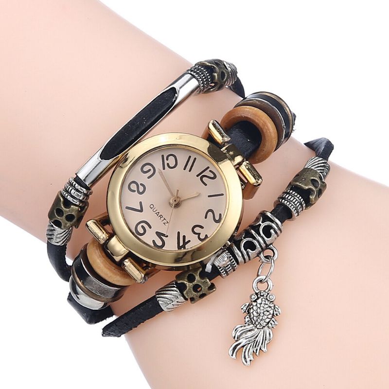 Reloj De Cuarzo Trenzado Vintage Esfera Pequeña Cinturón Fino Reloj De Pulsera Con Colgante De Pez Dorado