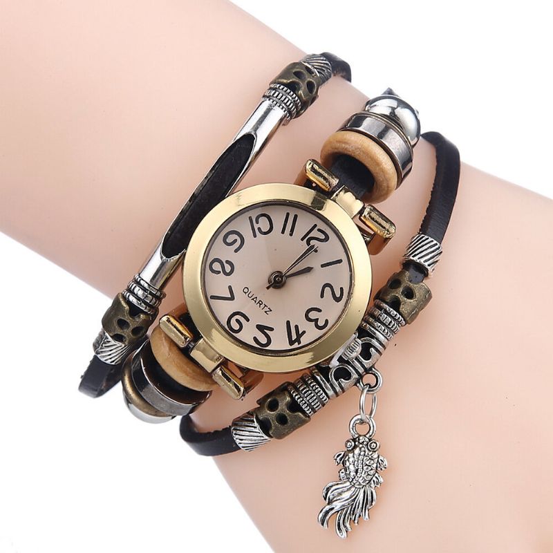 Reloj De Cuarzo Trenzado Vintage Esfera Pequeña Cinturón Fino Reloj De Pulsera Con Colgante De Pez Dorado