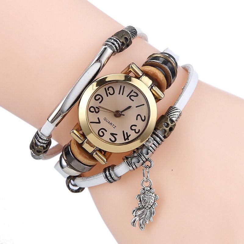 Reloj De Cuarzo Trenzado Vintage Esfera Pequeña Cinturón Fino Reloj De Pulsera Con Colgante De Pez Dorado