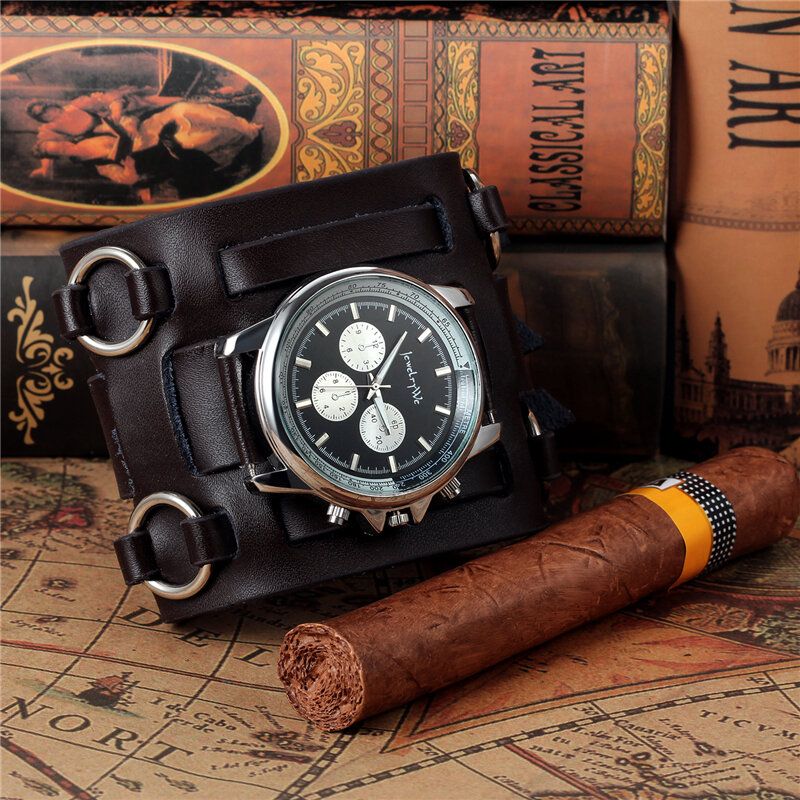 Reloj De Cuero Vintage Para Hombre Reloj De Cuarzo De Tres Broches Con Banda De Ancho Ajustable