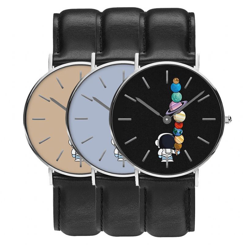 Reloj De Estilo Casual Para Hombre Reloj De Cuarzo Con Correa De Cuero Pu Con Estampado De Helado De Estrella De Astronauta De Dibujos Animados