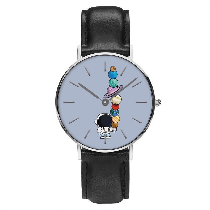 Reloj De Estilo Casual Para Hombre Reloj De Cuarzo Con Correa De Cuero Pu Con Estampado De Helado De Estrella De Astronauta De Dibujos Animados