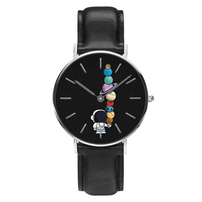 Reloj De Estilo Casual Para Hombre Reloj De Cuarzo Con Correa De Cuero Pu Con Estampado De Helado De Estrella De Astronauta De Dibujos Animados