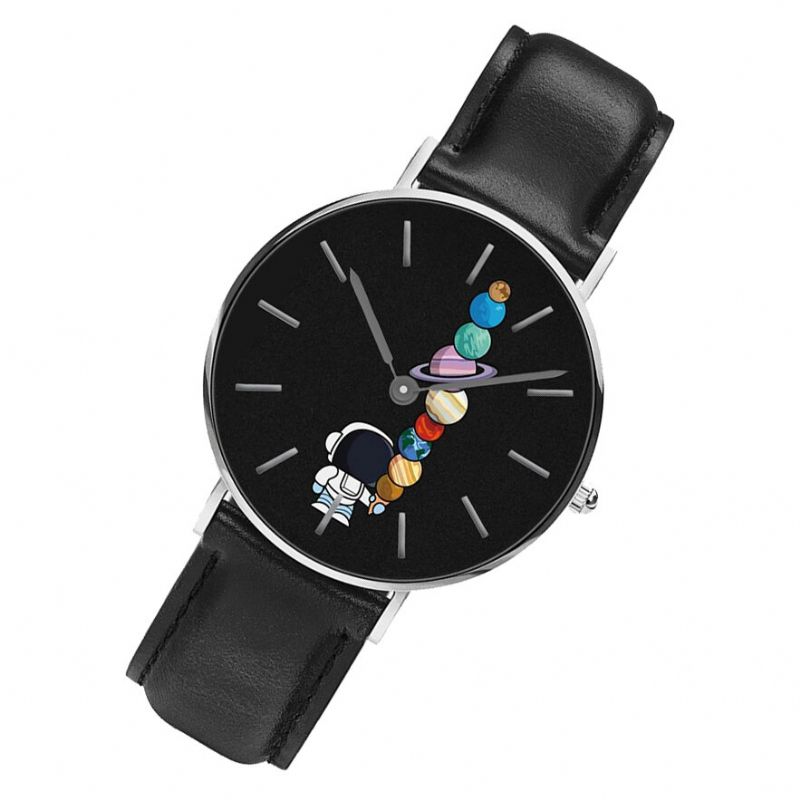 Reloj De Estilo Casual Para Hombre Reloj De Cuarzo Con Correa De Cuero Pu Con Estampado De Helado De Estrella De Astronauta De Dibujos Animados