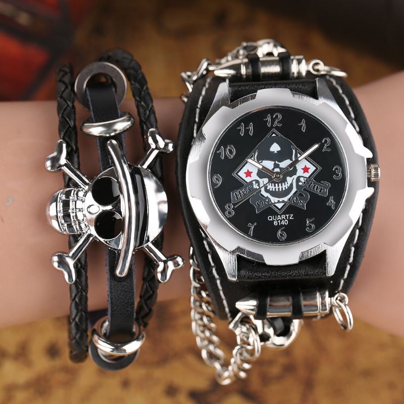 Reloj De Hombre Con Esfera Cuadrada Vintage Reloj De Cuarzo De Cuero Con Calavera Hueca