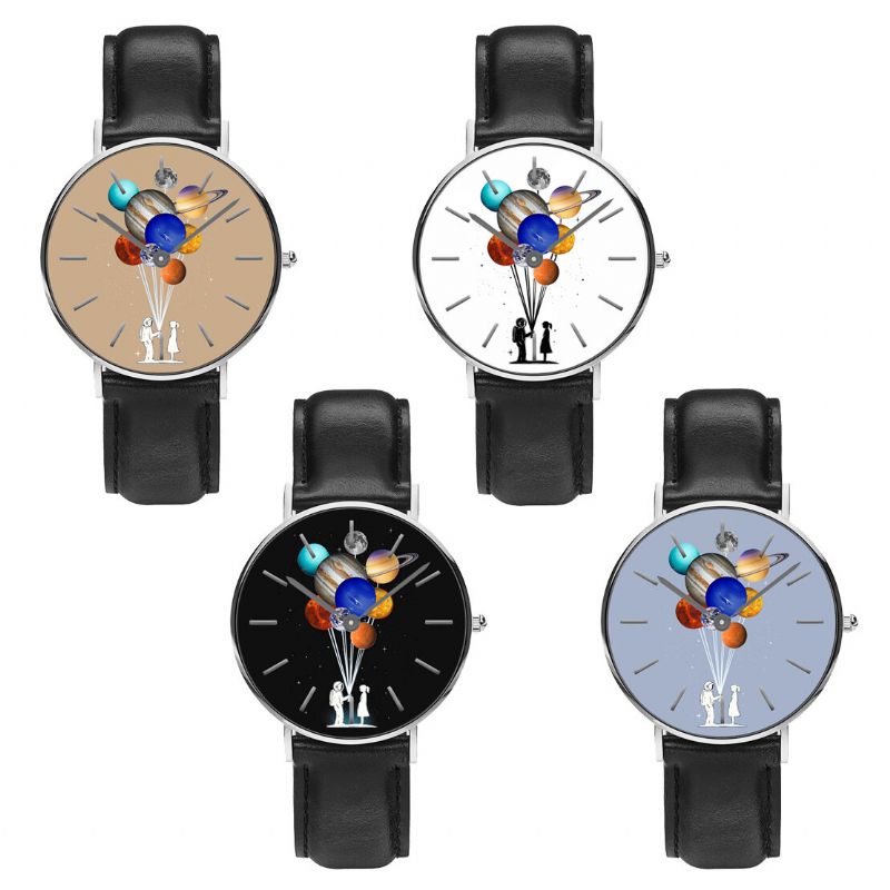 Reloj De Hombre De Estilo Casual Reloj De Cuarzo Con Correa De Cuero Pu Con Estampado De Planeta Colorido Astronauta De Dibujos Animados