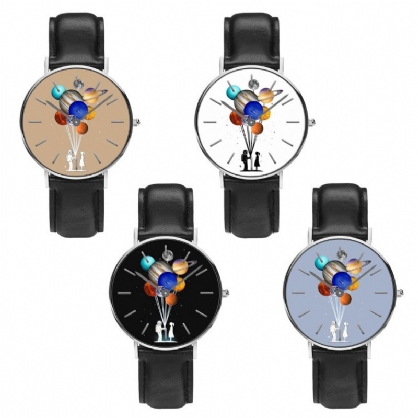 Reloj De Hombre De Estilo Casual Reloj De Cuarzo Con Correa De Cuero Pu Con Estampado De Planeta Colorido Astronauta De Dibujos Animados