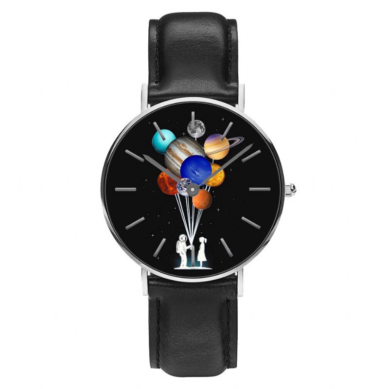 Reloj De Hombre De Estilo Casual Reloj De Cuarzo Con Correa De Cuero Pu Con Estampado De Planeta Colorido Astronauta De Dibujos Animados