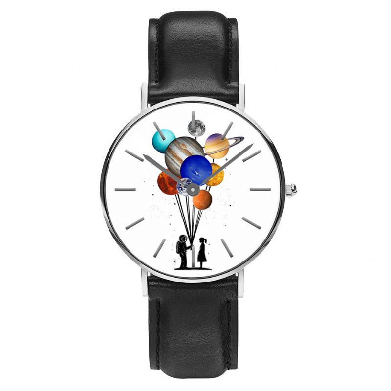 Reloj De Hombre De Estilo Casual Reloj De Cuarzo Con Correa De Cuero Pu Con Estampado De Planeta Colorido Astronauta De Dibujos Animados