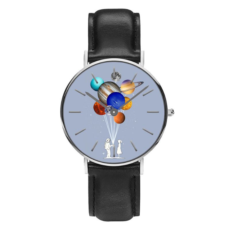 Reloj De Hombre De Estilo Casual Reloj De Cuarzo Con Correa De Cuero Pu Con Estampado De Planeta Colorido Astronauta De Dibujos Animados