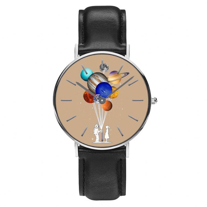 Reloj De Hombre De Estilo Casual Reloj De Cuarzo Con Correa De Cuero Pu Con Estampado De Planeta Colorido Astronauta De Dibujos Animados