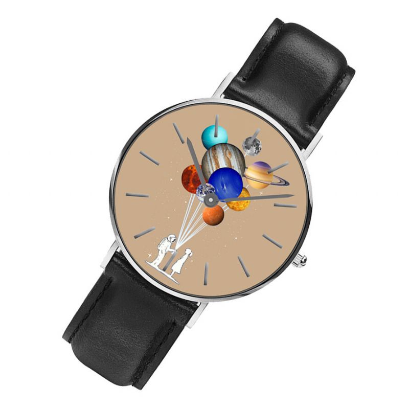 Reloj De Hombre De Estilo Casual Reloj De Cuarzo Con Correa De Cuero Pu Con Estampado De Planeta Colorido Astronauta De Dibujos Animados