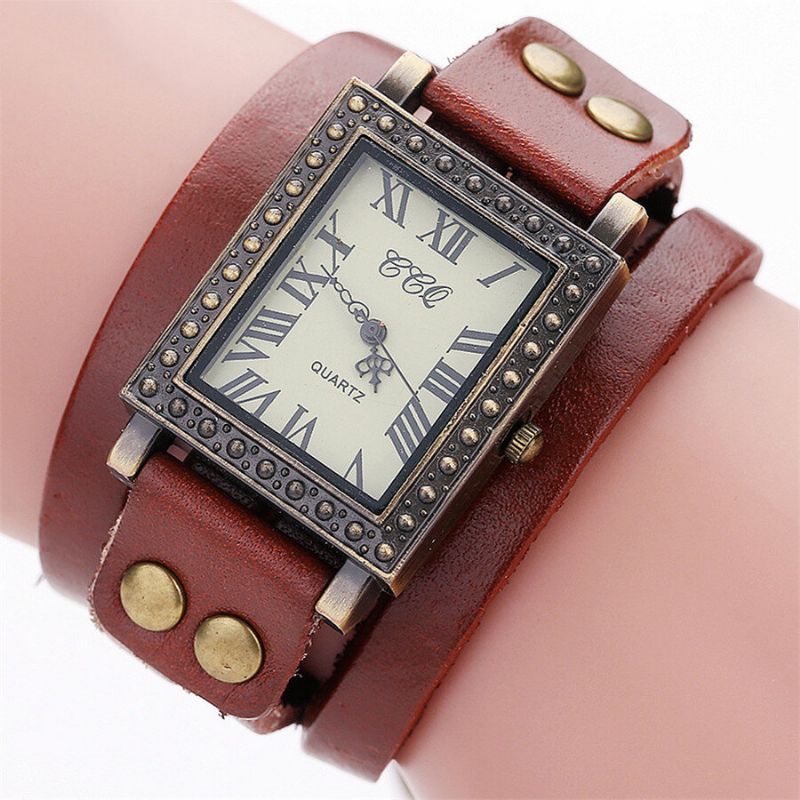 Reloj De Hombre De Estilo Retro Vintage Esfera Rectangular Correa De Cuero Ajustable Reloj De Cuarzo De Dos Cierres Para Mujer