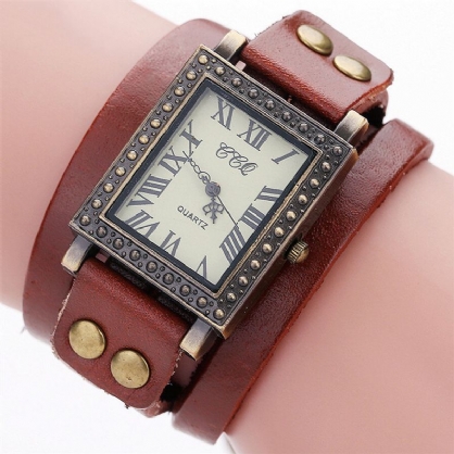 Reloj De Hombre De Estilo Retro Vintage Esfera Rectangular Correa De Cuero Ajustable Reloj De Cuarzo De Dos Cierres Para Mujer