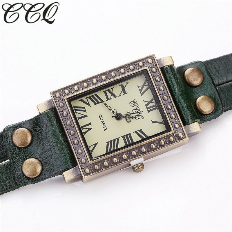 Reloj De Hombre De Estilo Retro Vintage Esfera Rectangular Correa De Cuero Ajustable Reloj De Cuarzo De Dos Cierres Para Mujer