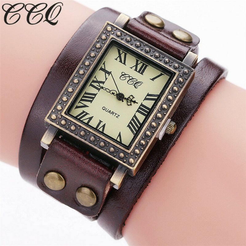 Reloj De Hombre De Estilo Retro Vintage Esfera Rectangular Correa De Cuero Ajustable Reloj De Cuarzo De Dos Cierres Para Mujer