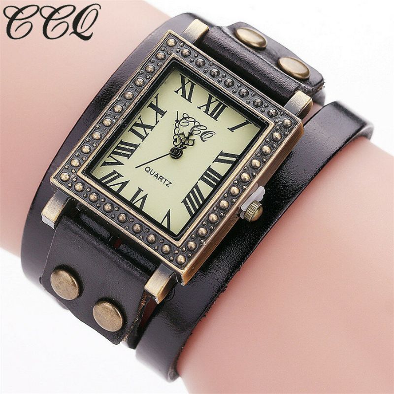 Reloj De Hombre De Estilo Retro Vintage Esfera Rectangular Correa De Cuero Ajustable Reloj De Cuarzo De Dos Cierres Para Mujer