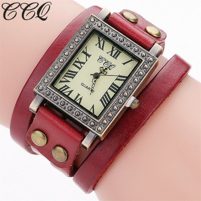 Reloj De Hombre De Estilo Retro Vintage Esfera Rectangular Correa De Cuero Ajustable Reloj De Cuarzo De Dos Cierres Para Mujer