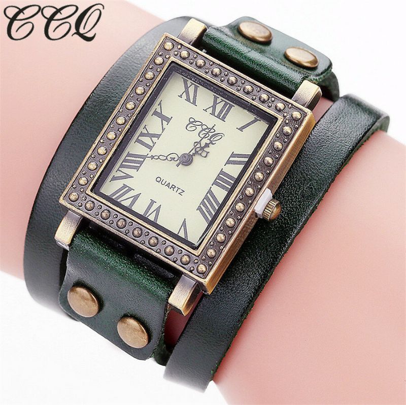 Reloj De Hombre De Estilo Retro Vintage Esfera Rectangular Correa De Cuero Ajustable Reloj De Cuarzo De Dos Cierres Para Mujer