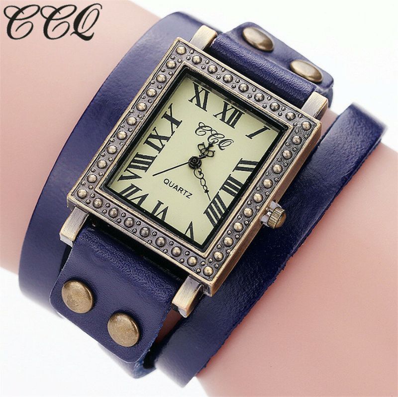 Reloj De Hombre De Estilo Retro Vintage Esfera Rectangular Correa De Cuero Ajustable Reloj De Cuarzo De Dos Cierres Para Mujer