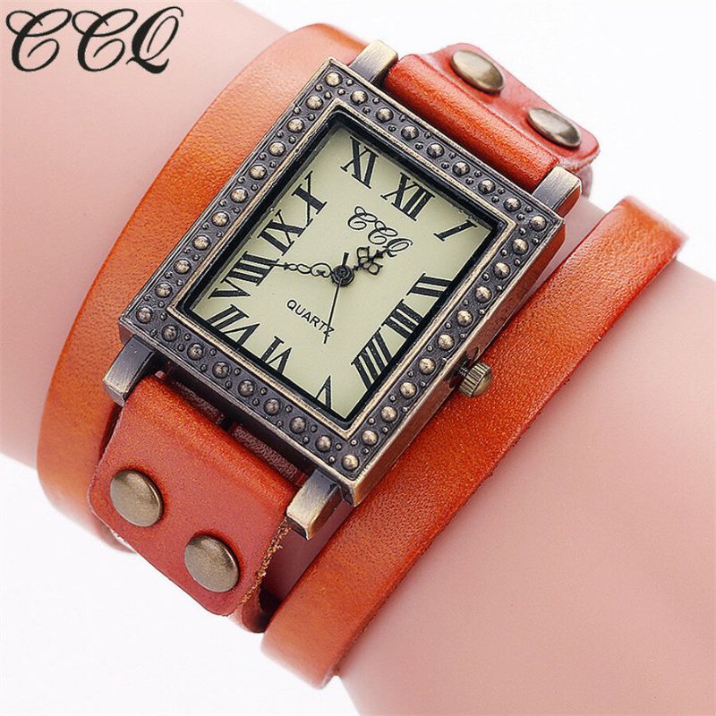 Reloj De Hombre De Estilo Retro Vintage Esfera Rectangular Correa De Cuero Ajustable Reloj De Cuarzo De Dos Cierres Para Mujer