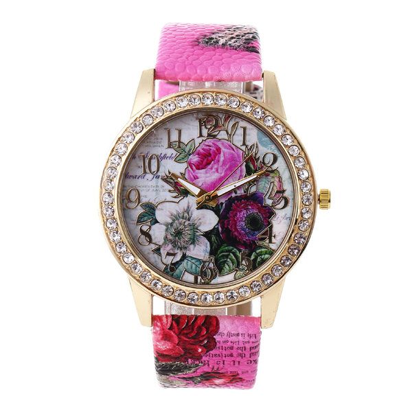 Reloj De Mujer De Estilo Bohemia De Moda Con Correa De Cuero Reloj De Cuarzo Con Patrón De Rosa Retro