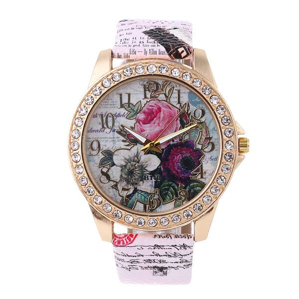 Reloj De Mujer De Estilo Bohemia De Moda Con Correa De Cuero Reloj De Cuarzo Con Patrón De Rosa Retro