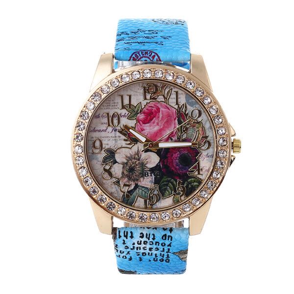 Reloj De Mujer De Estilo Bohemia De Moda Con Correa De Cuero Reloj De Cuarzo Con Patrón De Rosa Retro