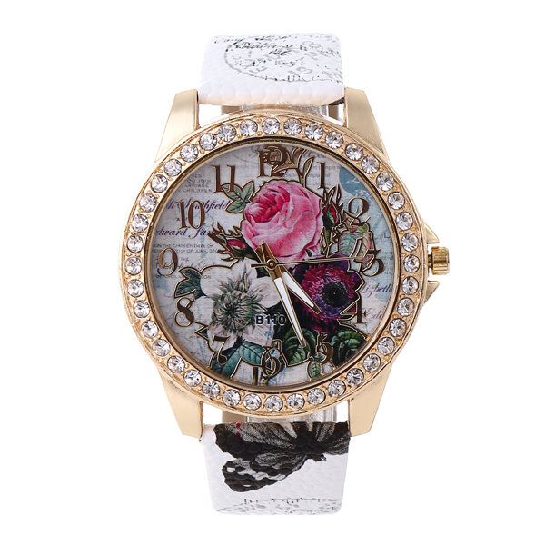 Reloj De Mujer De Estilo Bohemia De Moda Con Correa De Cuero Reloj De Cuarzo Con Patrón De Rosa Retro