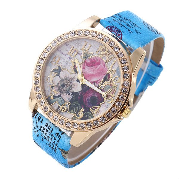 Reloj De Mujer De Estilo Bohemia De Moda Con Correa De Cuero Reloj De Cuarzo Con Patrón De Rosa Retro