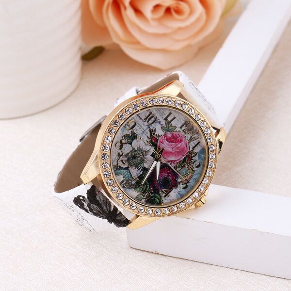 Reloj De Mujer De Estilo Bohemia De Moda Con Correa De Cuero Reloj De Cuarzo Con Patrón De Rosa Retro