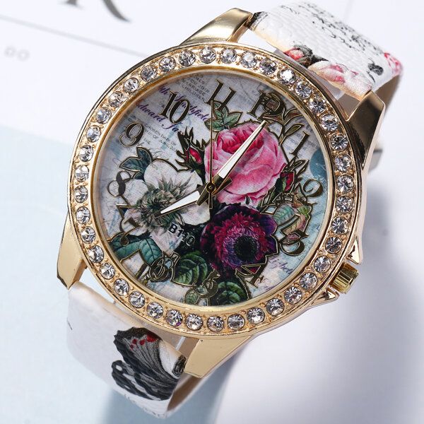 Reloj De Mujer De Estilo Bohemia De Moda Con Correa De Cuero Reloj De Cuarzo Con Patrón De Rosa Retro